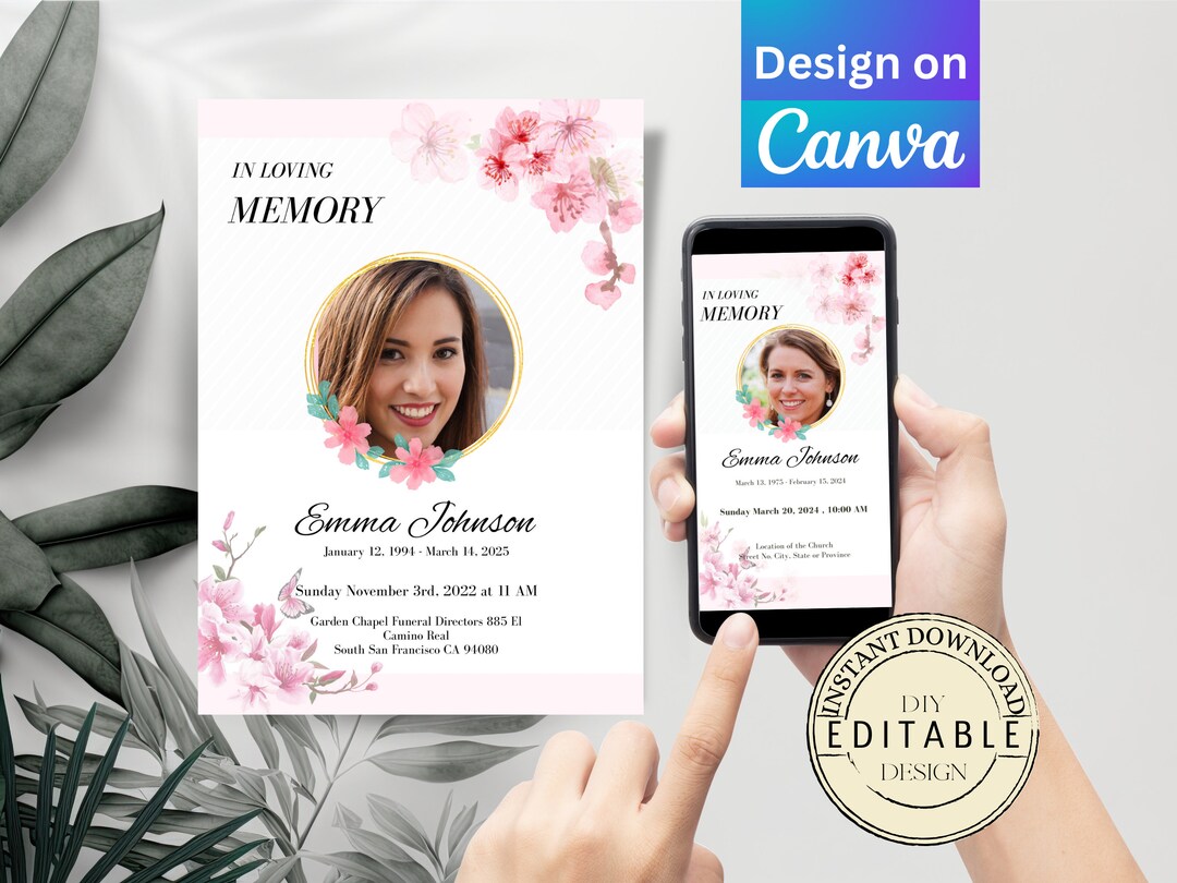 Funeral Invitation Card Template With Floral Design on Canva, Editable ...