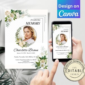 Modèle de carte d'invitation pour funérailles numérique sur toile, Invitation funéraire florale minimale modifiable en téléchargement immédiat - C003