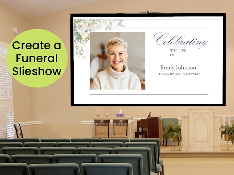 Funeral Slideshow Template With White Roses, Floral Celebration of Life