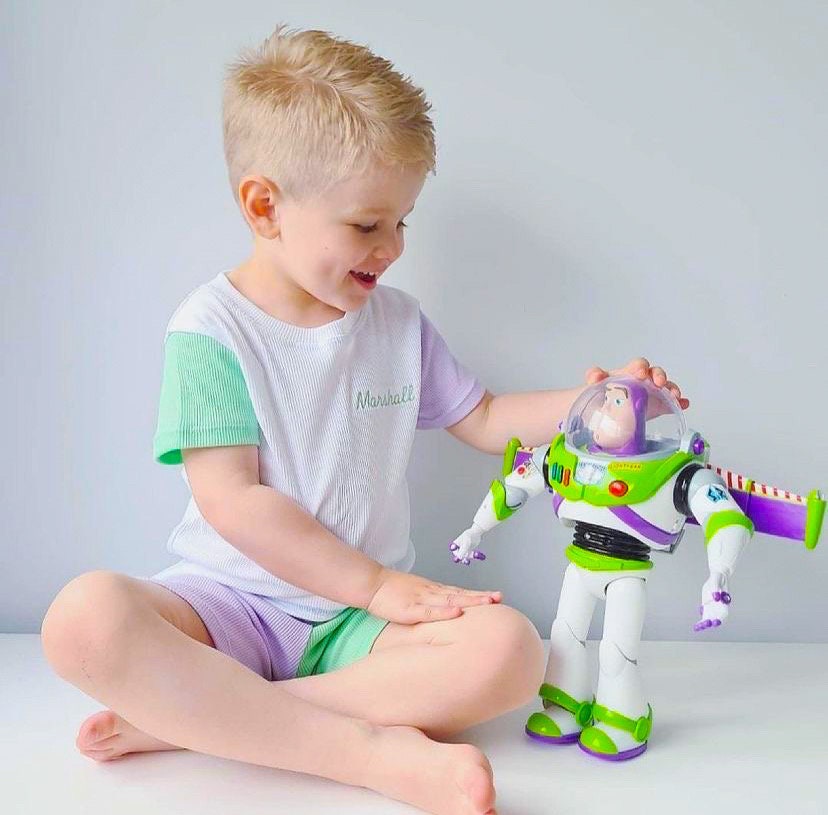 Personalised - Handmade and Embroidered Ribbed Cotton T-shirt and Shorts - Buzz Lightyear - Kids Personalised Loungewear - Tracksuit