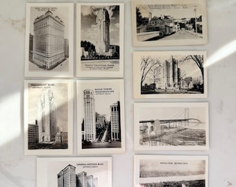 Set of 9 Vintage Detroit Michigan Landmark Photos Black and White Mini Postcards Penobscot Building GM Building Ambassador Bridge