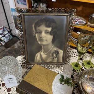 Vintage Antique Filigree Framed Sepia Portrait of a Woman, Intricate Vintage Metal Frame with Roses, Vintage Photography