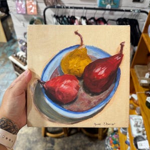 8x8” Signed Vintage Original Still Life Painting, Hand Painted Canvas Art, Wall Decor, Pears Decor, Pears in Bowl