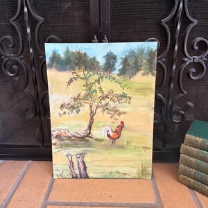 Vintage Original Oil or Acrylic Painting on Canvas 12x16” Vintage Art, Rural Farm Farmhouse Rooster Country Decor