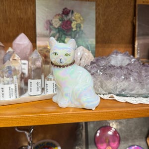 Fenton Iridescent Glass Cat Figurine | Signed S. Hopkins Collectible Cat Statue | Vintage Fenton Glass Animal Figurine