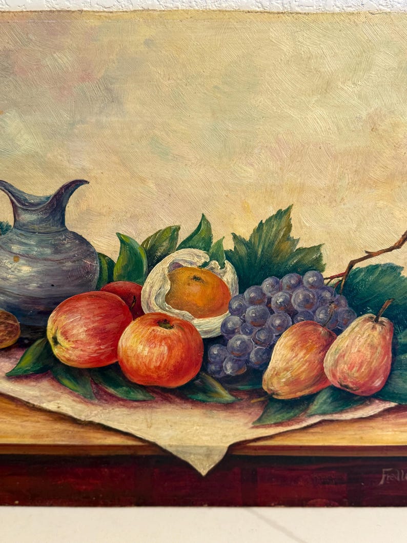 Vintage Still Life Oil Painting on Board – Signed Fruit & Grapes Table ...