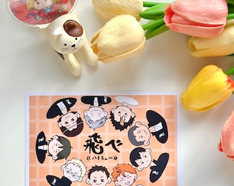 May include: A sticker featuring a group of anime characters from the show "Haikyu!!" The characters are arranged in a circle with their heads facing outwards. The sticker is on a white background with a light orange grid pattern. The text "Haikyu!!" is written in Japanese characters in the center of the sticker.