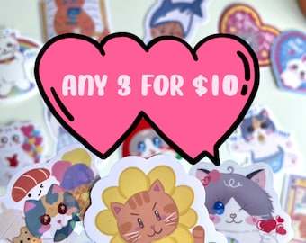 Any 3 for 10 | Cute Cat Sticker Pack | Water-resistant Glossy Holographic Transparent | Laptop, Water Bottle Decal, Bullet Journal,Scrapbook
