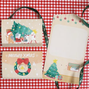 Meowy Xmas -  Cat Envelope Shaped Greeting Card  |  Animal Greeting Card | Different design prints on both sides
