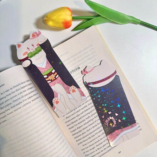 Demon Slayer Nezuko Cat-shaped Bookmark | Anime Manga Bookmark | Handmade | Catlovers | Double Printed | Book Lovers | Reading Accessories |
