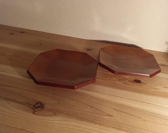 Vintage Gold Craft Japanese Octagonal Wooden Trays, Set of 2, Keyaki Wood Grain