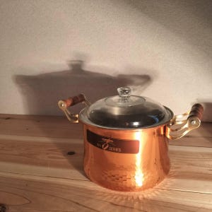 May include: A hammered copper pot with a clear glass lid and two gold-toned metal handles featuring wooden grips. A dark rectangular label on the front displays the text AN SERIES with a small graphic icon above the lettering.