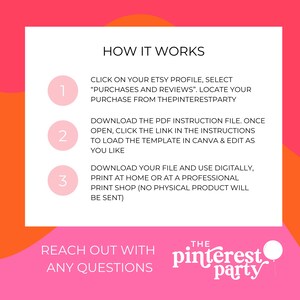 May include: A pink and orange graphic detailing instructions for using a digital product from The Pinterest Party. The text explains how to download and edit a template in Canva.