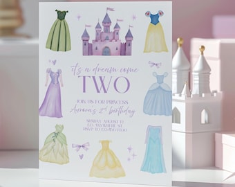 Princess 2nd Birthday It's a Dream Come TWO Invitation Template Editable Theme Digital Canva Printable Download Fairytale Second Magical