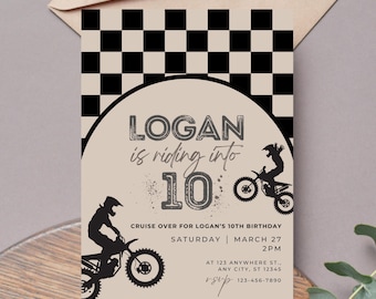 Riding into 10 Dirt Bike Birthday Invitation Template, Editable 10th Boy Birthday Theme, Digital Canva Printable, Motorcycle Motor Cross Ten