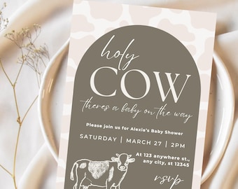 Holy Cow Baby on The Way Invitation Template | Editable Baby Shower Theme, Digital Instant Canva Printable Sheet, Neutral highland Cow Print
