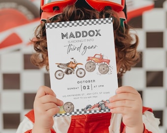 3rd Gear Drive Race Car Bike Monster Truck Birthday Invitation Template Editable Boy Theme Digital Canva Printable Download Third Gear V0