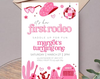 Erste Rodeo Einladungsvorlage, bearbeitbares Mädchen Thema Canva Digital druckbarer Download, rosa Disco Cowgirl Western erster Geburtstag einladen DC1