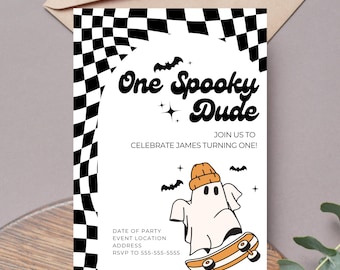 May include: A Halloween-themed invitation with a black and white checkered border. The text "One Spooky Dude" is displayed above a cartoon ghost riding a skateboard. The invitation includes party details and RSVP information.