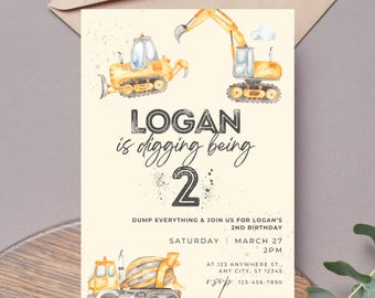 Digging Being 2 2nd Construction Birthday Invitation Template Editable Boy Theme Digital Printable Download Bulldozer Dump Everything C1