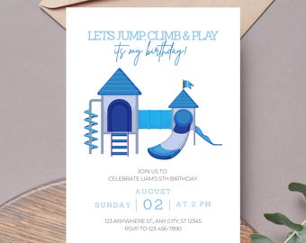Invitación de cumpleaños para parque infantil, tema editable para fiesta al aire libre, descarga digital imprimible en Canva, juego de niño azul y verde trepando y saltando en el tobogán