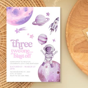 3, 2, 1 Blast Off Space 3rd Birthday Invitation Template Editable Girl Third Party Theme Digital Canva Printable Download Astronaut Three PS