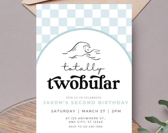 Totally Twobular Surf Wave 2nd Birthday Invitation Template, Editable Boy Theme Digital Printable Download Retro Surfing Beach Modern Invite