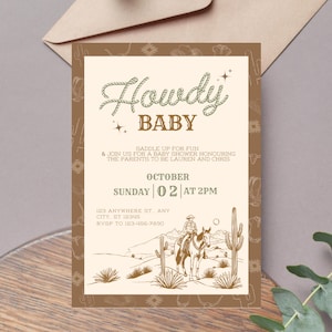 Modello di invito "Ciao bambino" / Tema modificabile per baby shower per bambini / Foglio stampabile digitale istantaneo Canva / Western Cowboy West Horse