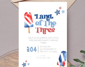 Land of The Three July 4th Invitation Template, Editable 3rd Birthday Theme, Digital Printable Download, Summer BBQ USA Firework Patriot J04