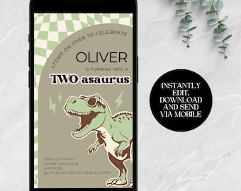 May include: A green dinosaur wearing sunglasses with a checkered background. The text "STOMP ON OVER TO CELEBRATE OLIVER IS TURNING INTO A TWO-asaurus" is on the invitation.