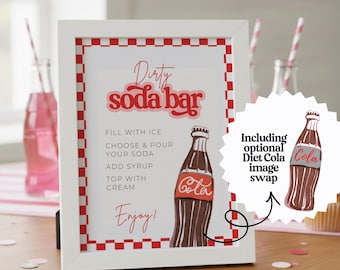 Dirty Soda Bar Sign Party Template Editable Soda Theme Digital Instant Canva Printable Cola 50s She's Ready To Pop Baby Shower Diet Coke SO1