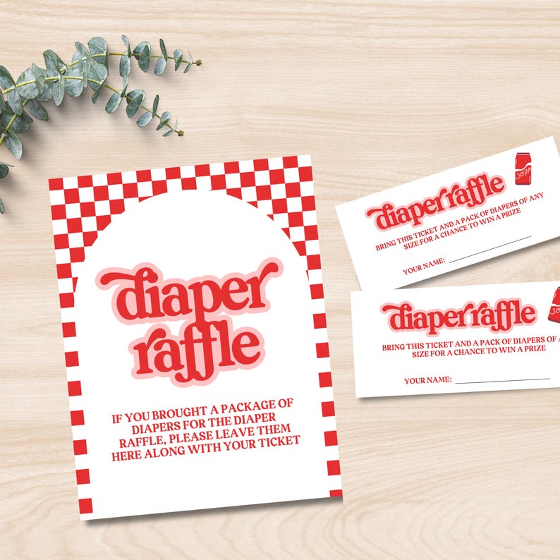 May include: A set of diaper raffle tickets with a red and white checkered design. The main card features the words "diaper raffle" in a retro font. Additional tickets are included, with space for names.