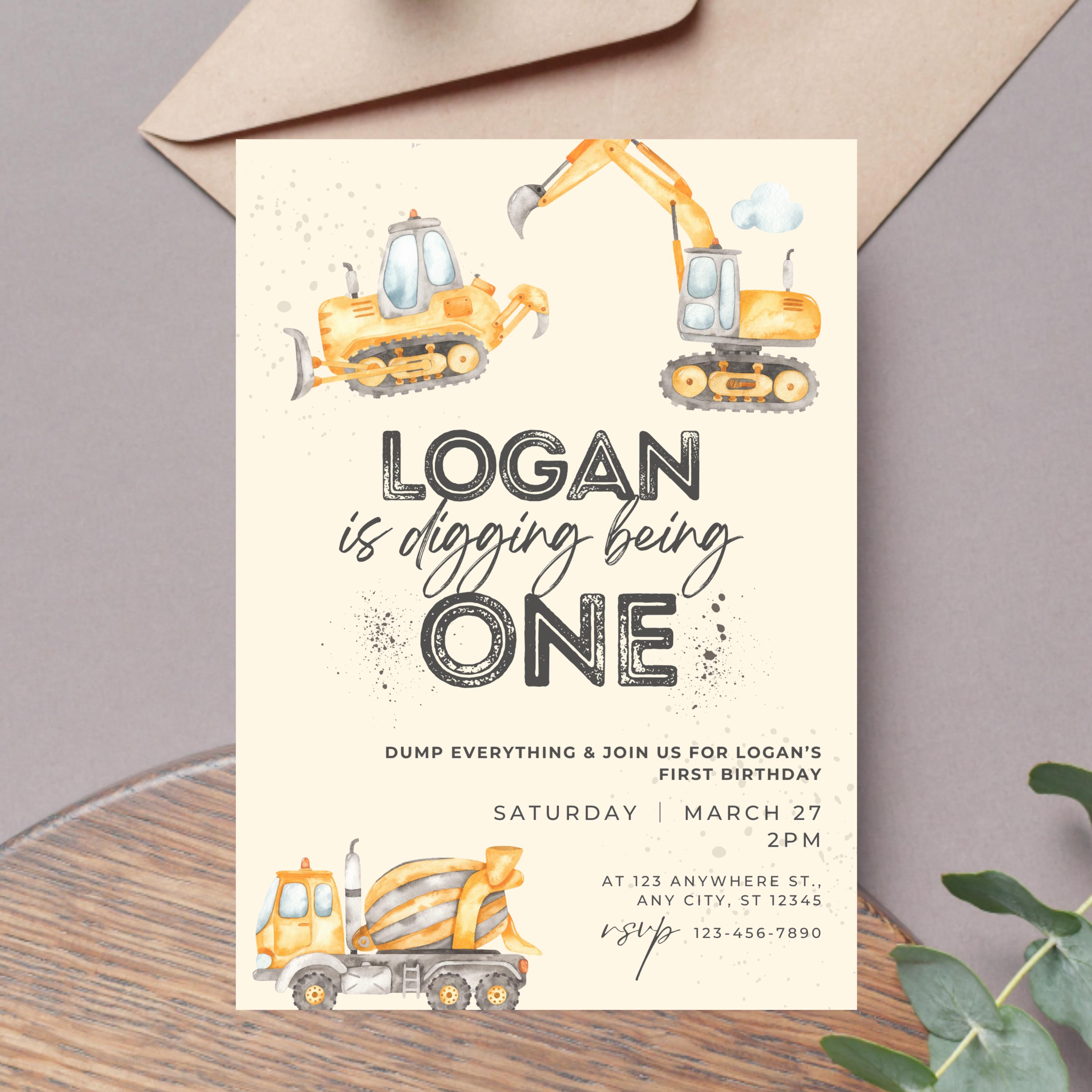 Digging Being One 1st Construction Birthday Invitation Template Editable First Boy Party Theme Digital Printable Download Dump Everything C1