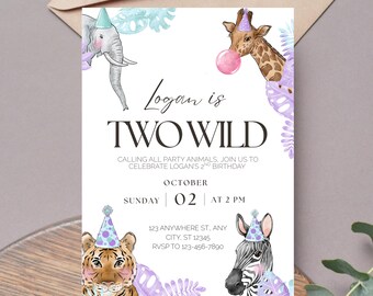 May include: A white invitation card with a purple, blue, and green jungle theme. The text reads "Logan is Two Wild" with a date and time for a birthday party. The card features illustrations of a giraffe, zebra, tiger, and elephant wearing party hats.