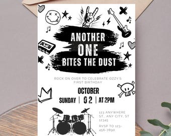 Another One Bites The Dust Rock & Roll Invitation Template | Editable 1st Birthday Theme | Punk | Digital Instant Canva Printable Download
