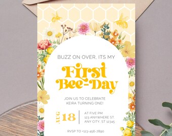First Bee-Day Little Honey Turning One Invitation Template | Editable Bee 1st Birthday Theme | Digital Instant Canva Printable Download