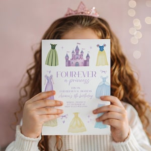 Four-ever a Princess 4th Birthday Invitation Template Editable Theme Digital Canva Printable Download Fairytale Fourth Magical Girl Purple