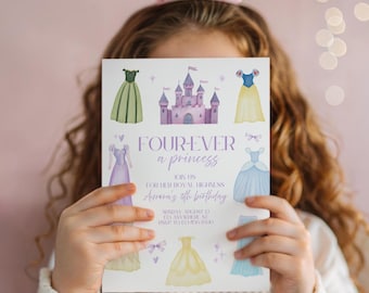 May include: A birthday invitation with a princess theme. The invitation features a purple castle, dresses, and the text "FOUR-EVER a princess". The invitation is held in front of a person wearing a pink crown.