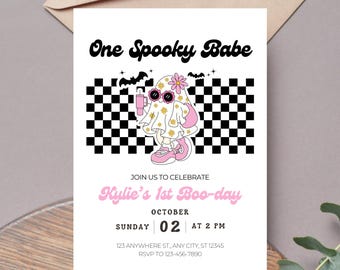 One Spooky Babe 1st Geburtstagseinladung Vorlage Bearbeitbar First Party Theme Digital Instant Canva Printable Download Retro Ghost Halloween
