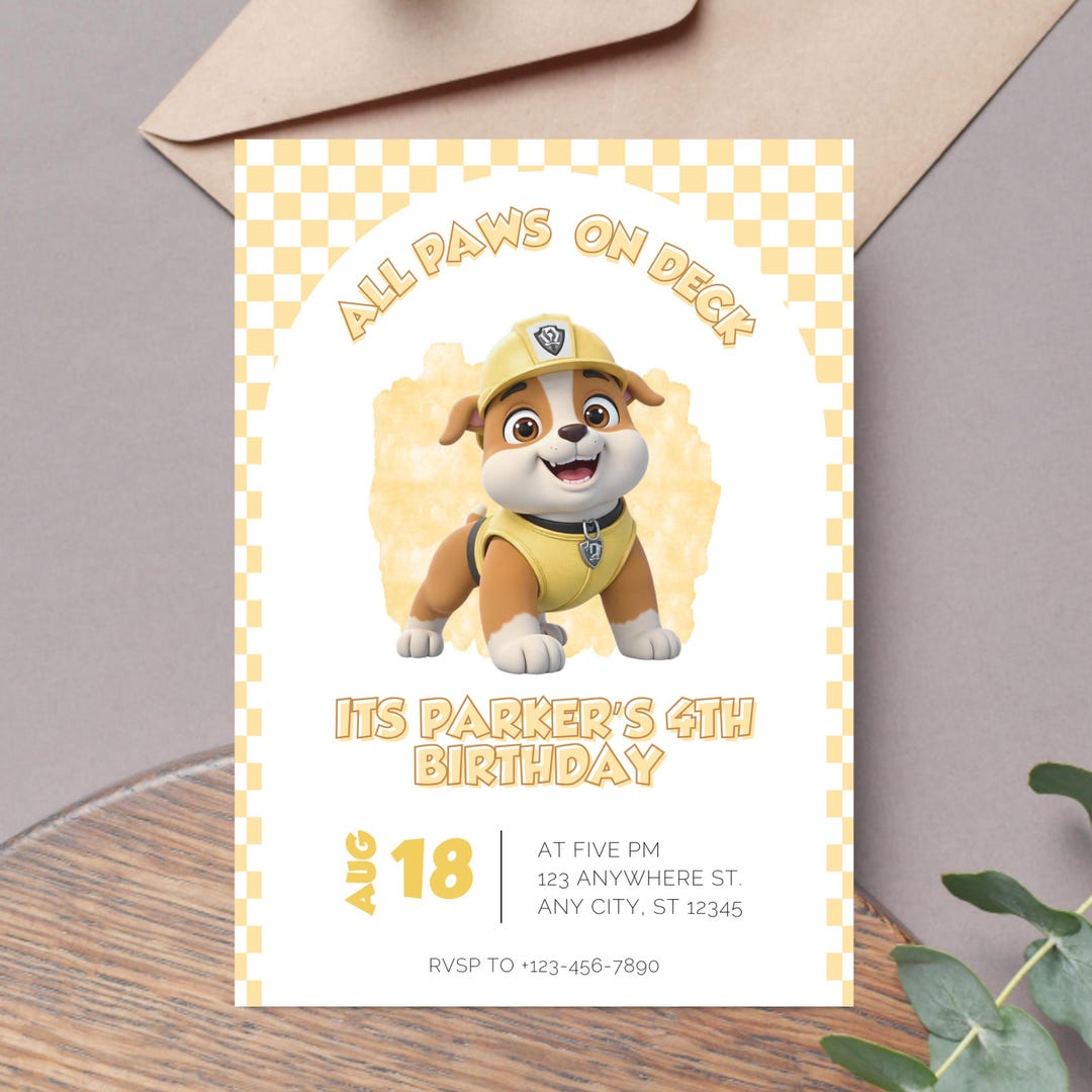 Paw Patrol Rubble Invitation Template | Birthday Theme | Let’s Paw-ty ...