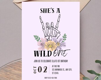 She's A Wild One 1st Birthday Invitation Template | Editable First Birthday Theme | Canva Digital Printable Download | Skeleton Wildflower