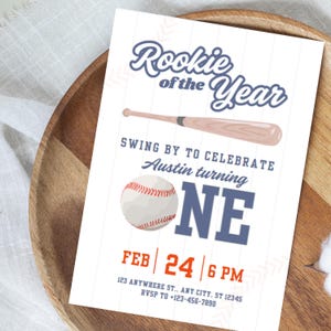 Editable Baseball Rookie of The Year Theme First Birthday Invite