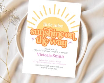 Modelo de convite para chá de bebê "A Pequena Miss Sunshine está a caminho" | Tema editável para meninas | Folha digital instantânea para impressão Canva | Boho Sun