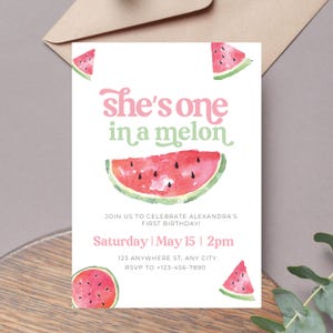 One in a Melon Birthday Invitation Template, Editable 1st First Watermelon Party Theme, Digital Instant Canva Printable Download, Summer
