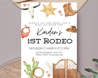First Rodeo 1st Invitation Template, Editable Boy Birthday Theme Digital Printable Download, Little Cowboy is One Wild West Western Invite