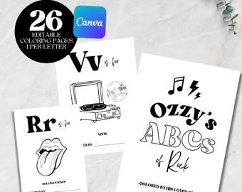 ABC of Rock and Roll Guestbook Coloring Pages Activity Template | 1st Birthday Baby Shower | Digital Canva Printable | Music Baby Book