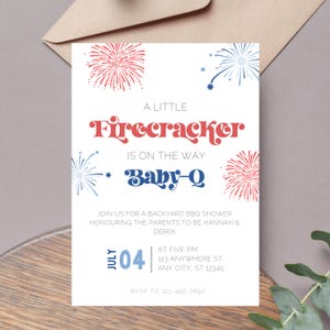 Modèle d'Invitation petit pétard sur le chemin du 4 juillet, thème modifiable pour baby shower, téléchargement numérique imprimable, été Baby-Q BBQ USA J04