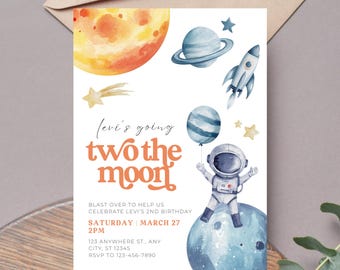 Space 2nd Two The Moon Birthday Invitation Template Theme (Digital Canva Printable)
