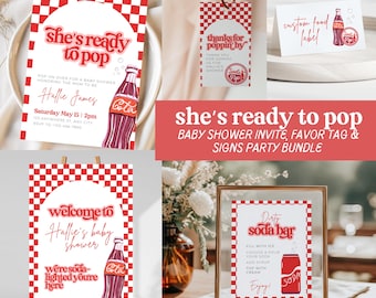 Sie ist bereit zum Pop Babyparty Mini Party Bundle, Einladung Willkommensschilder Favor Tag Food Signs Canva Bearbeitbare Vorlage Soda Pop Cola SO1