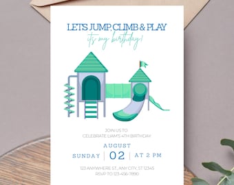 Invitación de cumpleaños para parque infantil, tema editable para fiesta al aire libre, descarga digital imprimible en Canva, juego de niño azul y verde trepando y saltando en el tobogán